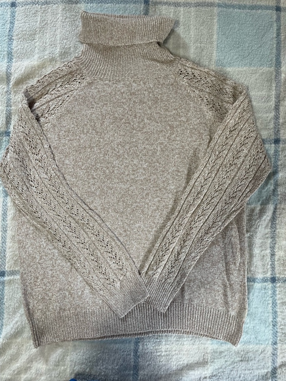 Light Taupe Knit Turtleneck Sweater with Lace-Style Sleeves new in package